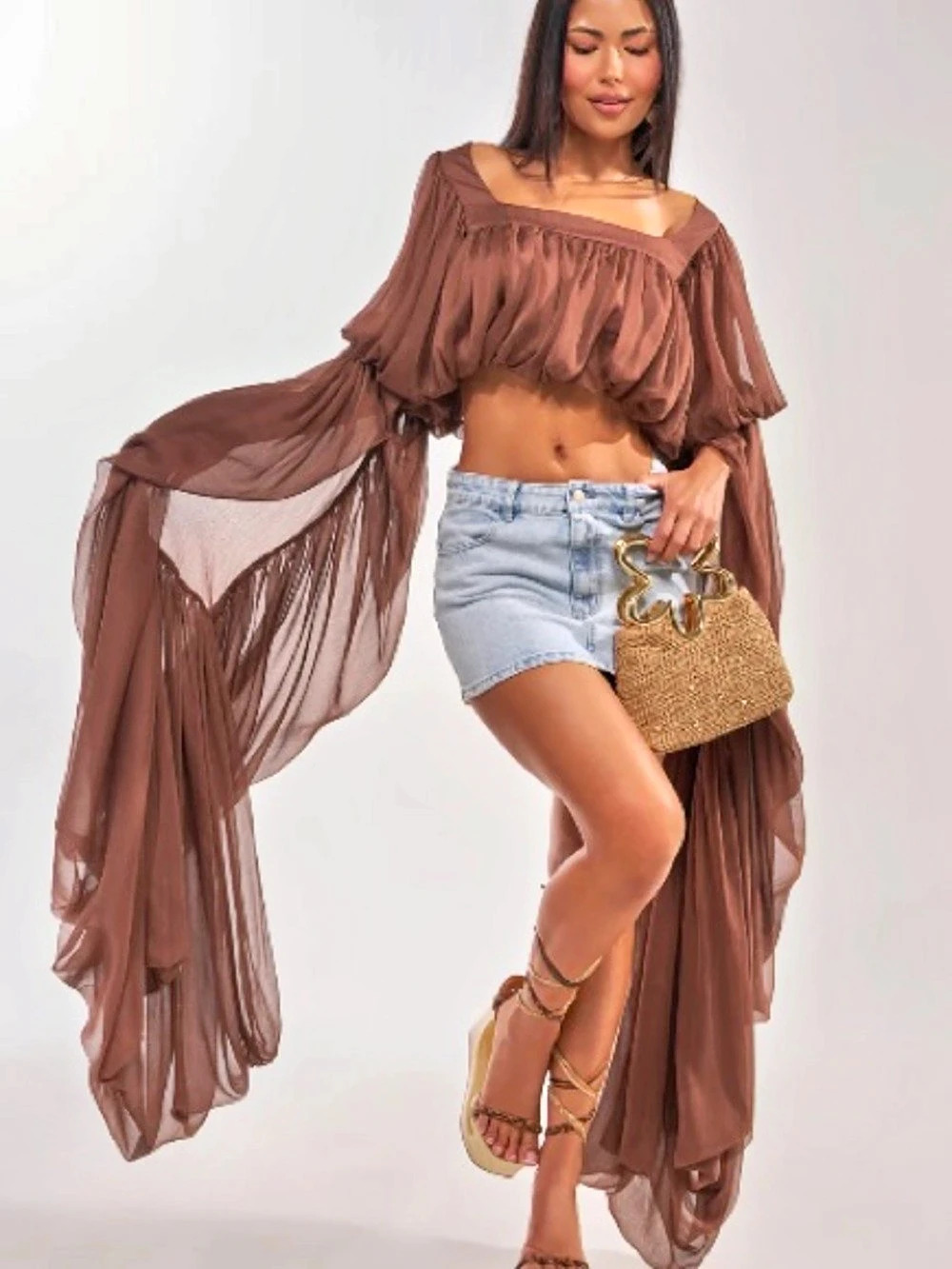 SLOUCHY SQUARE NECK LONG SLEEVE BLOUSE TOP IN BROWN